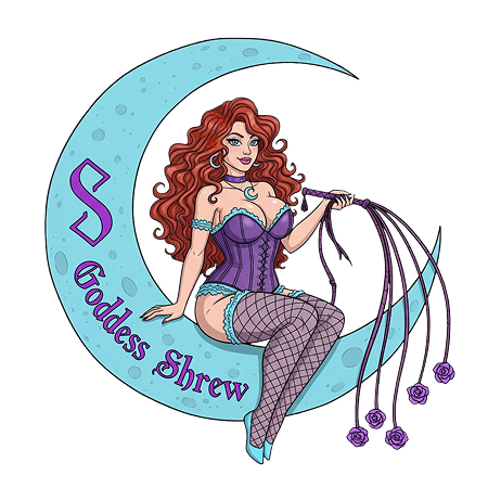 Illustrated woman on crescent moon with whip.