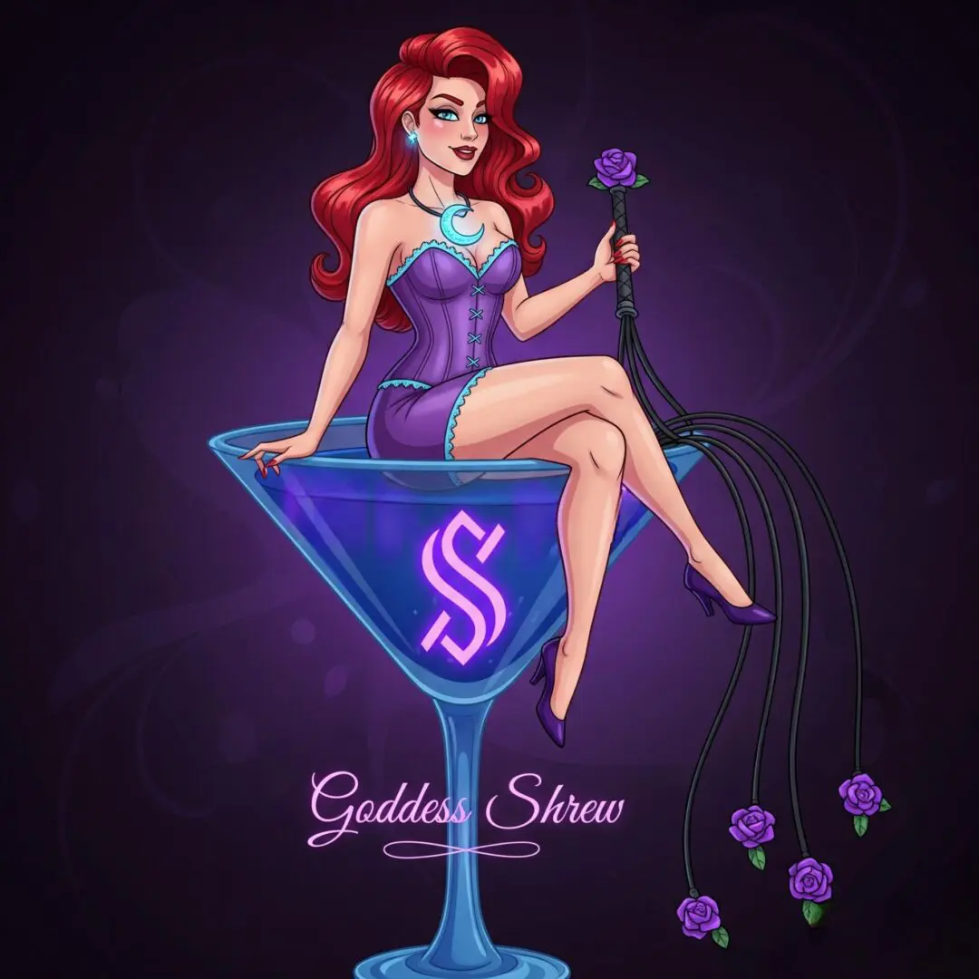 A glamorous woman with red hair sitting in a giant cocktail glass holding a microphone.