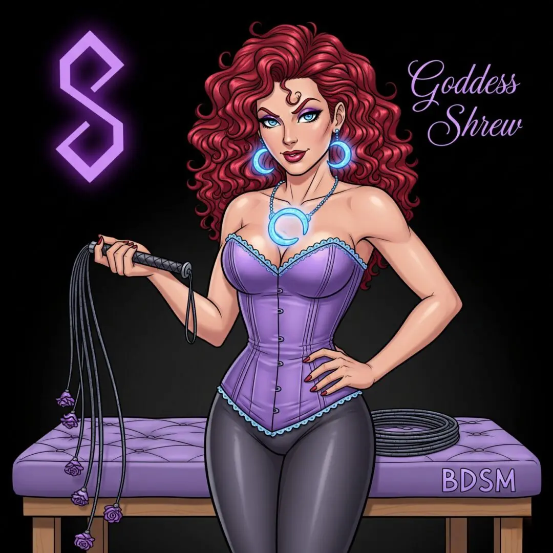 Confident woman in purple corset holding ropes, labeled 'Goddess Silver'.