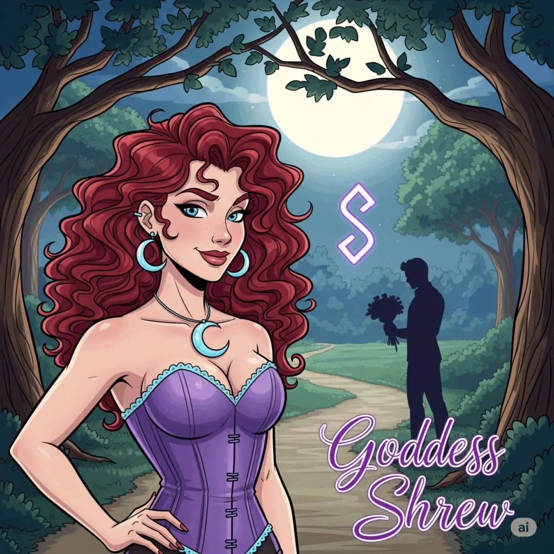A red-haired woman in purple stands under the full moon with a guitarist silhouette.