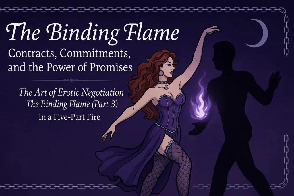 Woman dancing with shadowy figure, purple background.