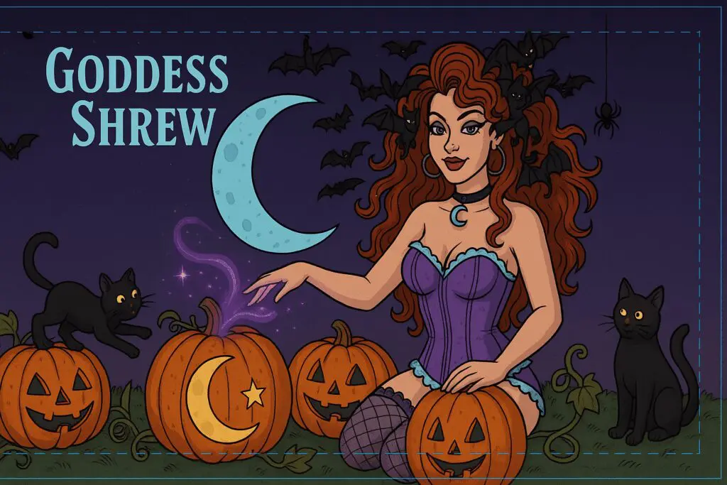 Woman with pumpkins, black cats, and bats.